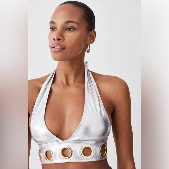 KAREN MILLEN 🆕 Silver Lame Eyelet Detail Halter Neck Bikini. Size XS. SOLD OUT! - Picture 2 of 5